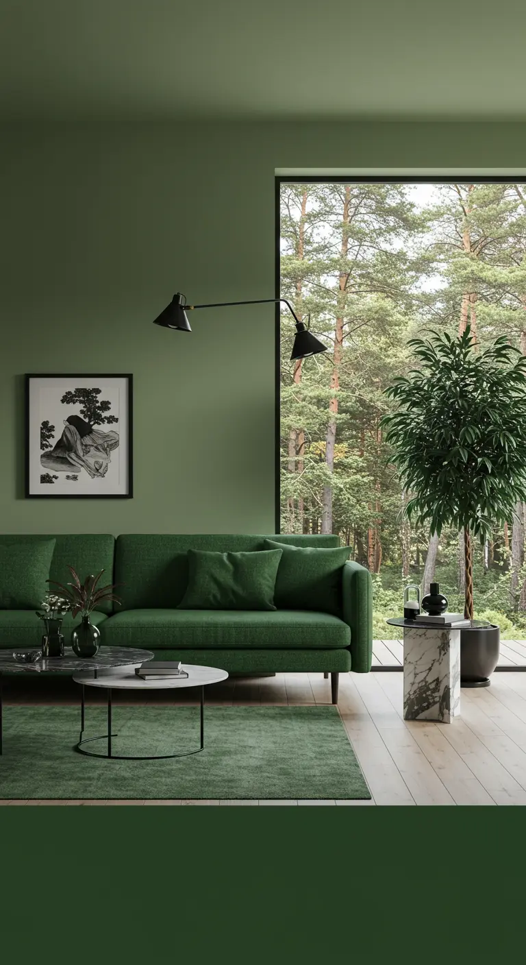 Moderne woonkamer in salie- en bosgroen met groot raam en uitzicht op bos.