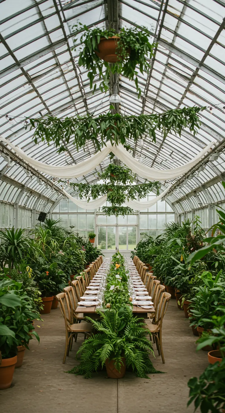 Lange dinertafel in kas met hangend groen, witte stoffen en subtiele lichtjes.