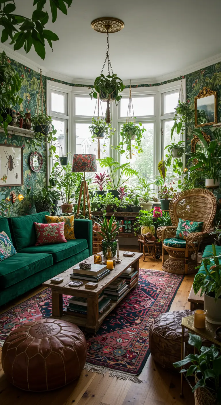 Weelderige boho woonkamer vol planten, een groene fluwelen bank en rotan meubels.