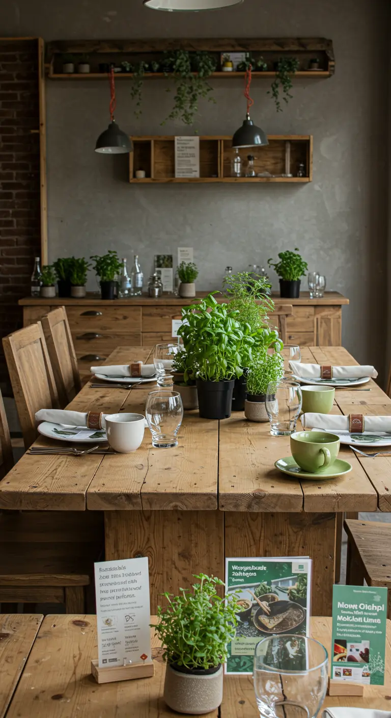 Gezellig botanisch café-interieur met houten meubels en veel kruidenplantjes op tafel.