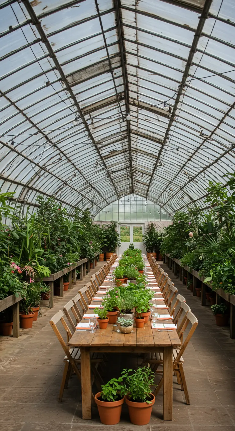 Lange houten tafel in een kas, gedecoreerd met diverse potplanten.