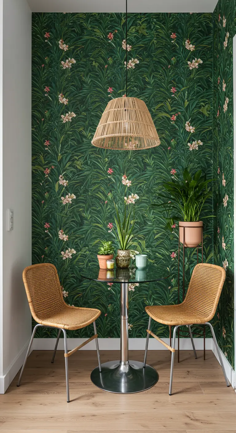 Compacte eethoek met tropisch behang, kleine glazen tafel, rieten stoelen en grote rieten hanglamp.