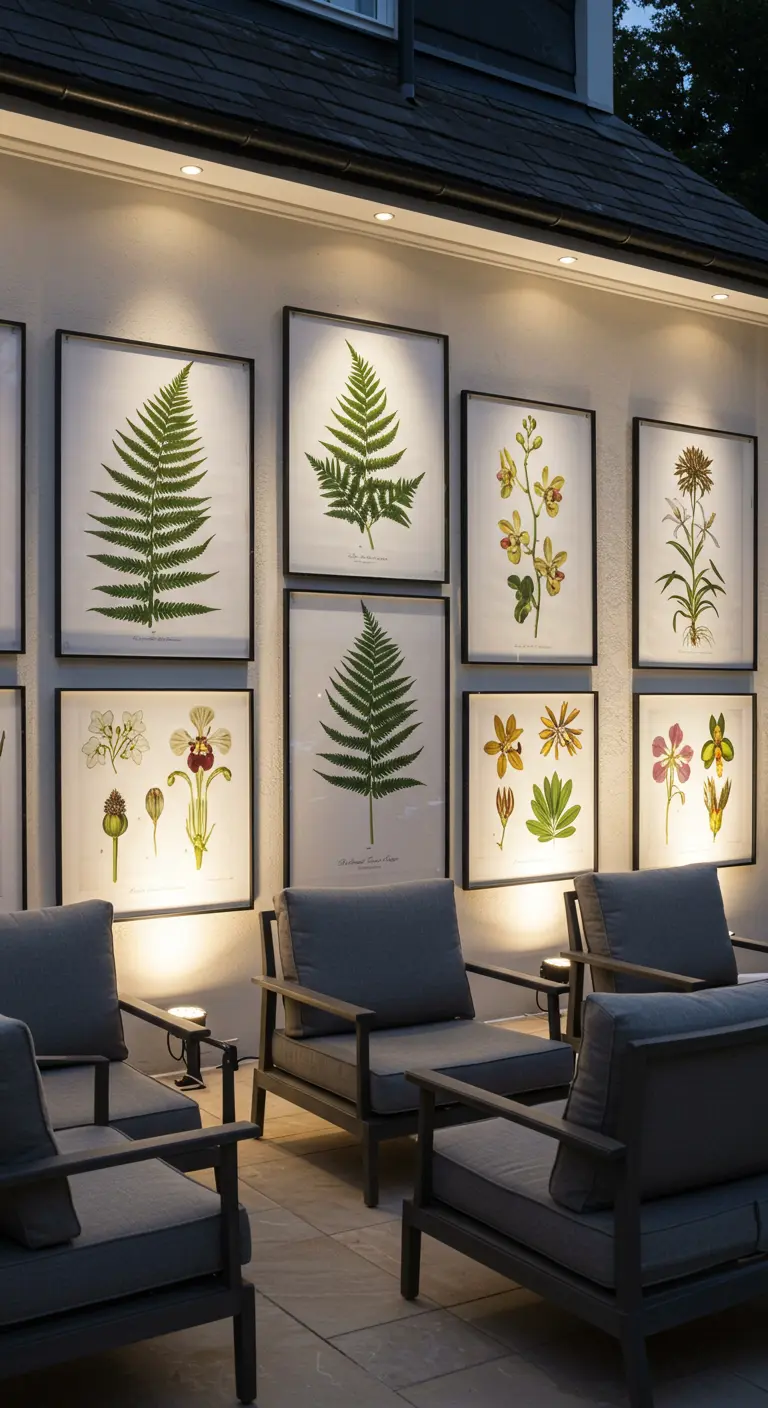 Witte buitenmuur met diverse ingelijste botanische prints, verlicht door opbouwspots.