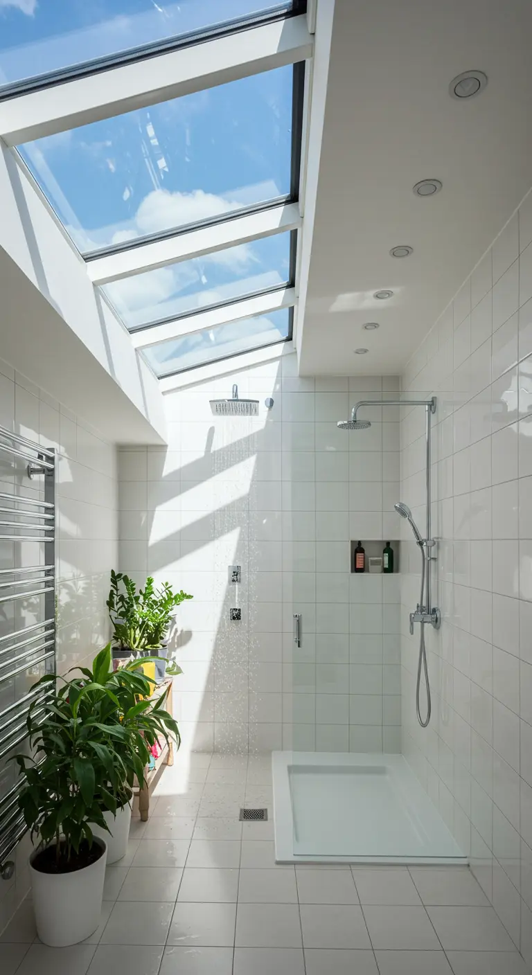 Witte badkamer met groot glazen dakraam boven de douche en veel planten.