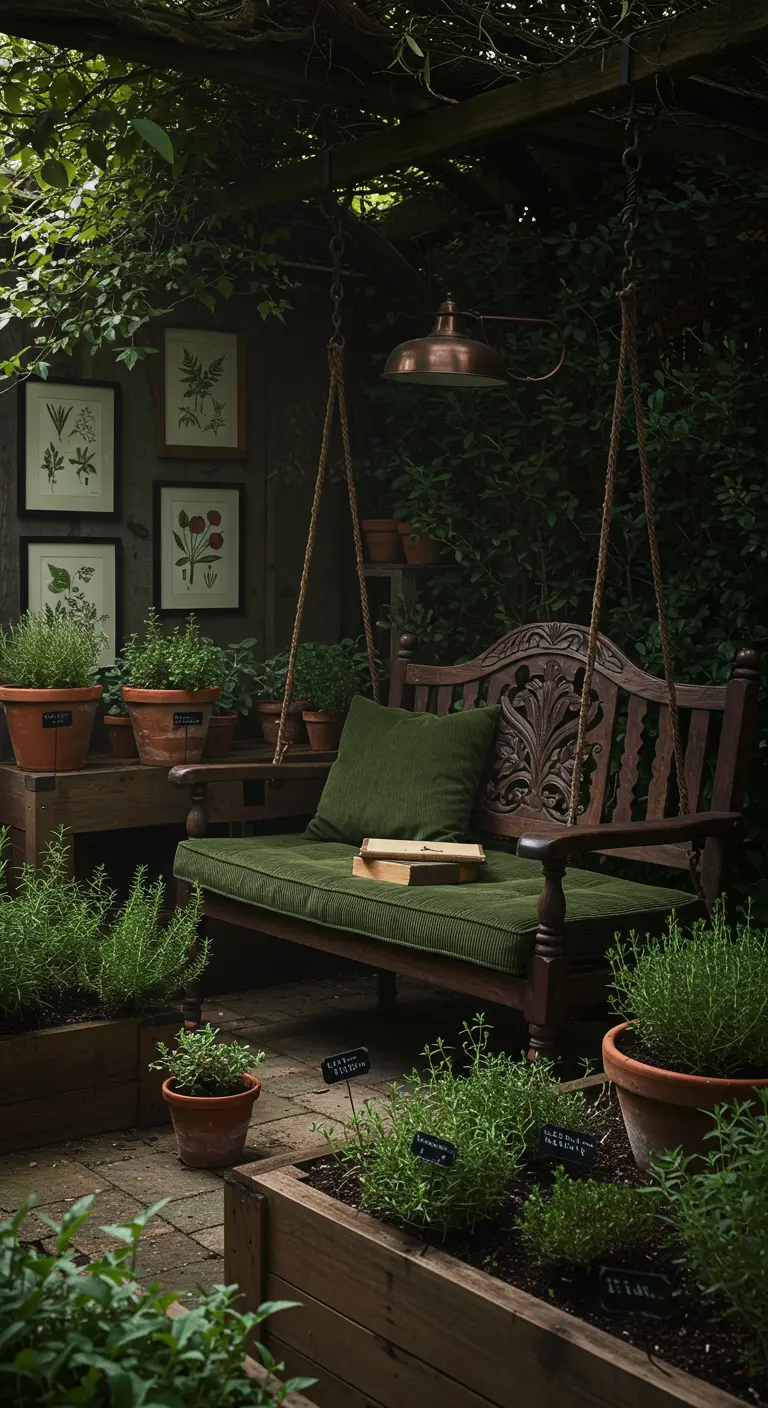 Donkerhouten bewerkte schommelbank met groene corduroy kussens en botanische prints.
