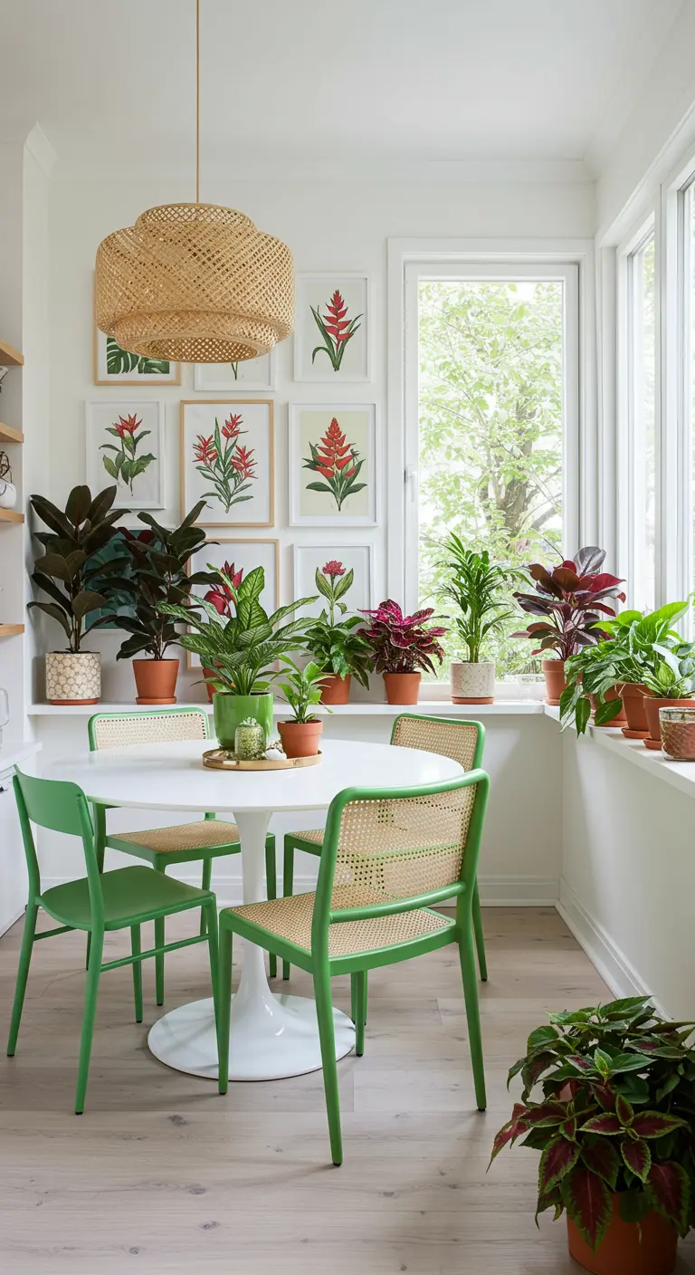 Lichte eetkamer met ronde tafel, rotan stoelen, botanische prints aan de muur en veel planten op vensterbanken en planken.