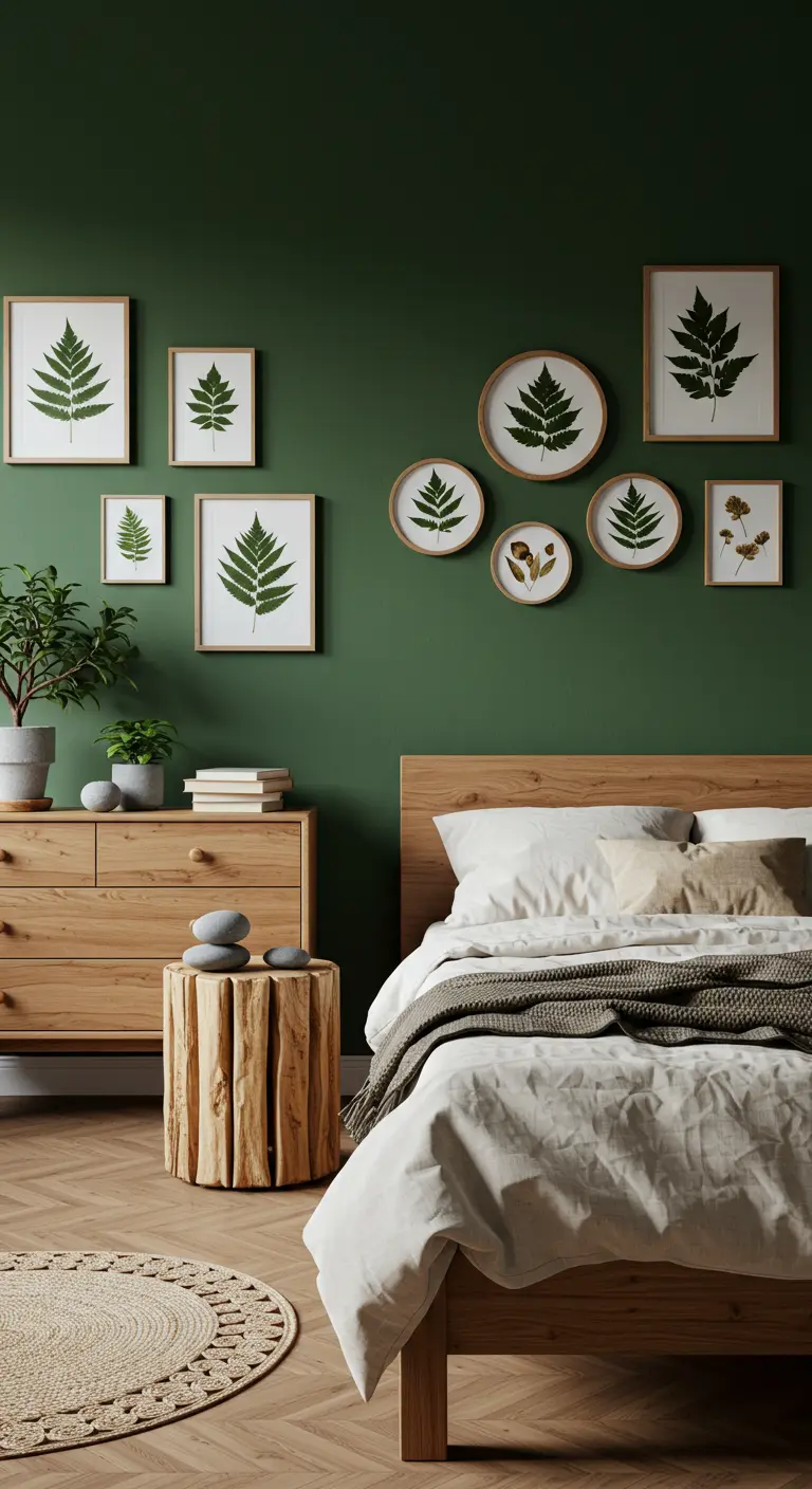 Groene slaapkamer met ronde botanische prints, rond jute kleed en boomstamkrukje.