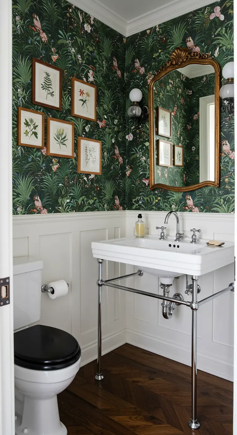 Badkamer met donkergroen botanisch behang, witte lambrisering en gouden spiegel.
