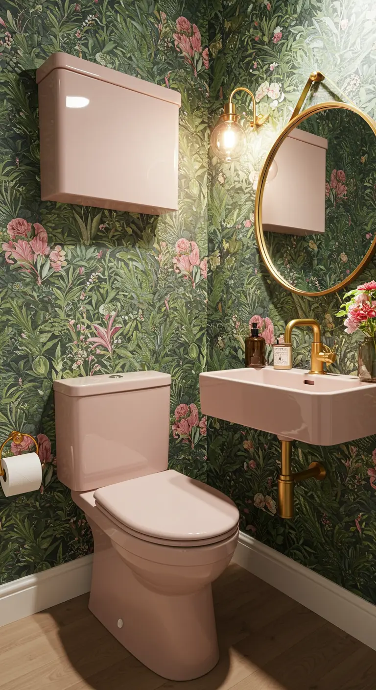 Badkamer met zachtroze toilet en wastafel, botanisch behang en gouden accenten.