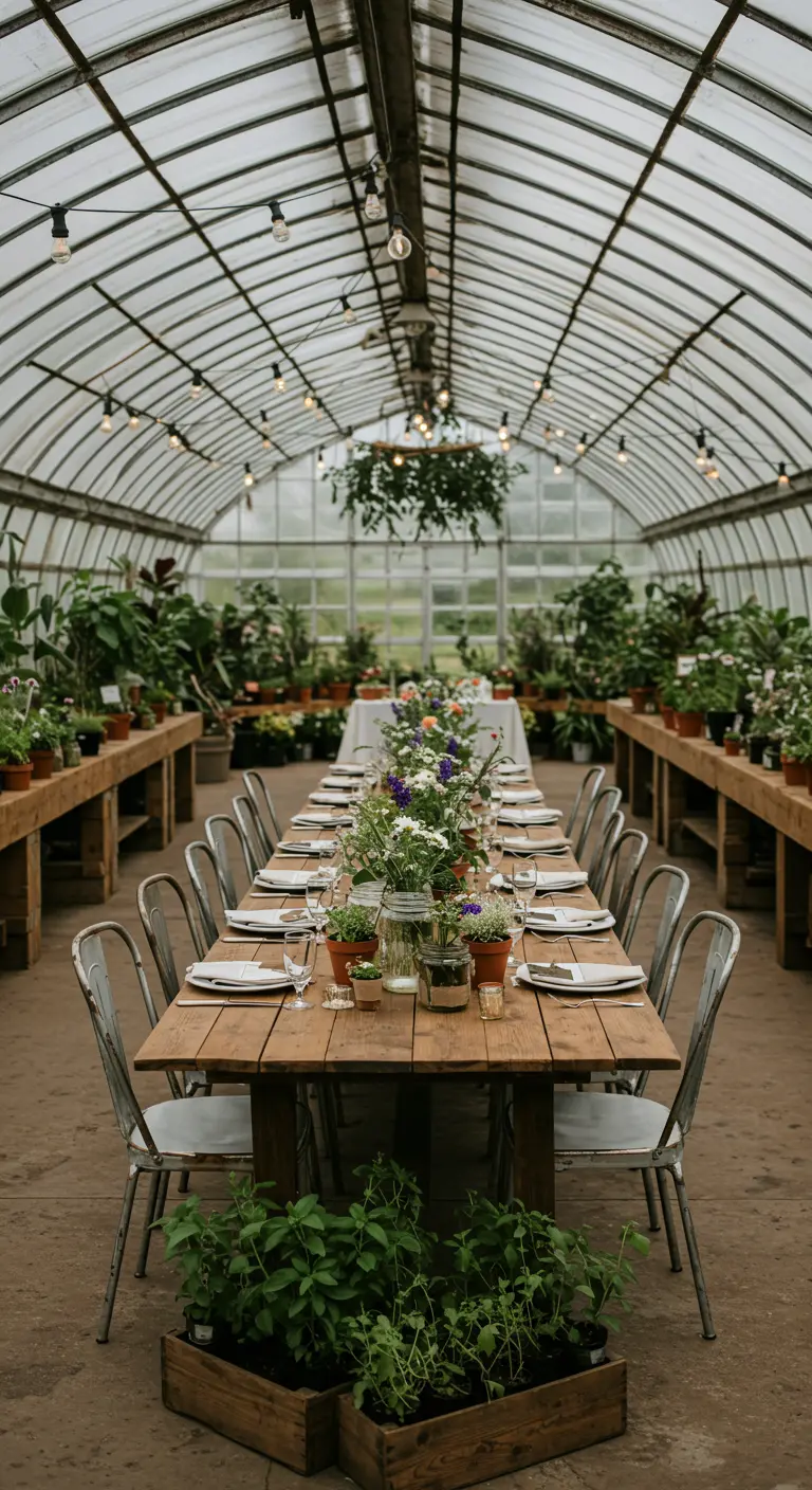 Lange houten tafel in een kas, omringd door planten, met eenvoudige tafeldekking.
