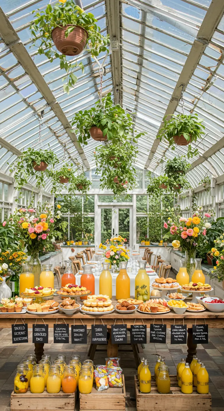 Uitgebreide brunchtafel in een lichte kas, vol met fruit, sapjes, gebak en bloemen.