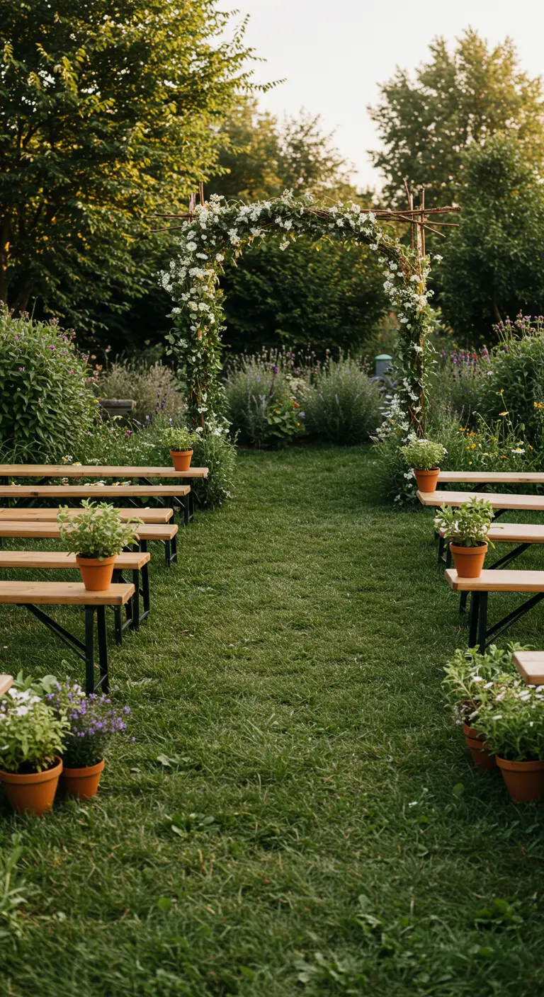 Tuin ceremonie met houten banken, bloemboog en terracotta potten vol planten.