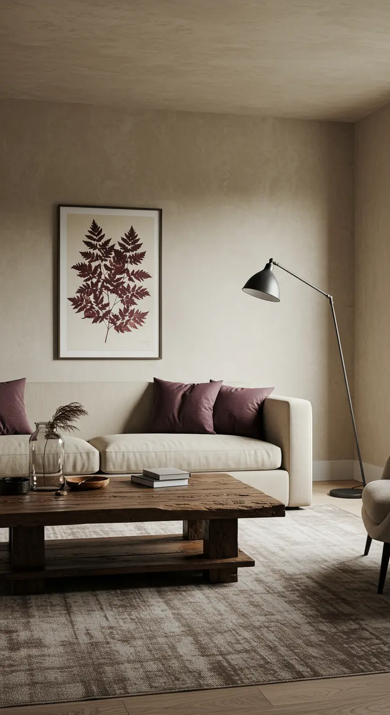 Lichte woonkamer met beige muren, neutrale bank, rode kussens en botanisch kunstwerk.