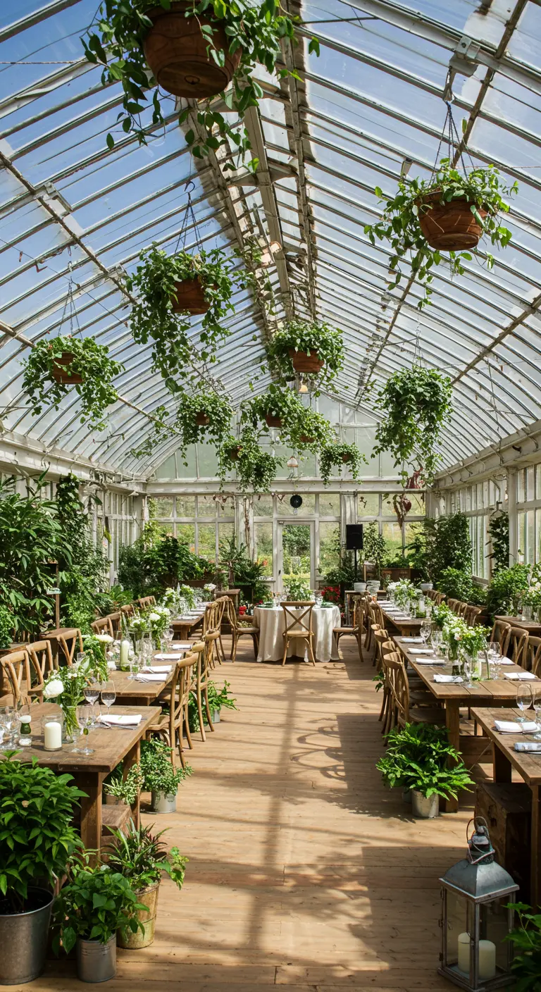 Kas ingericht voor diner met hangplanten, houten tafels en veel groen.
