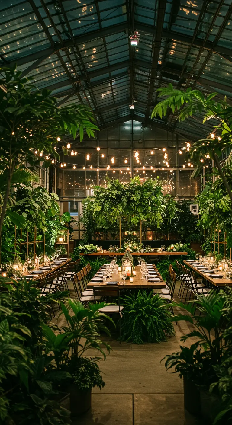 Bruiloftsdiner in een kas vol planten, verlicht met lichtslingers.