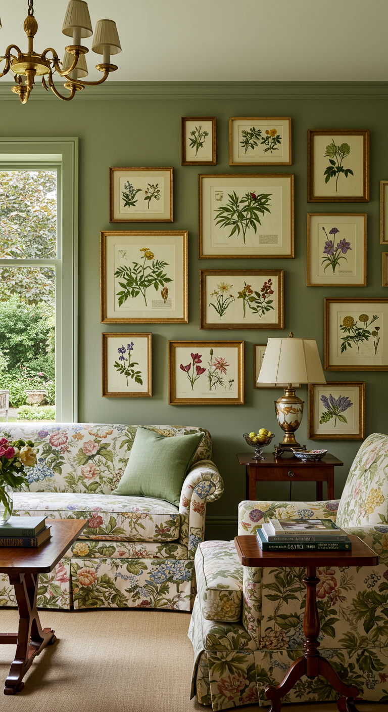 Klassieke woonkamer met een gallery wall van botanische prenten in gouden lijsten boven een bank met bloemenprint.