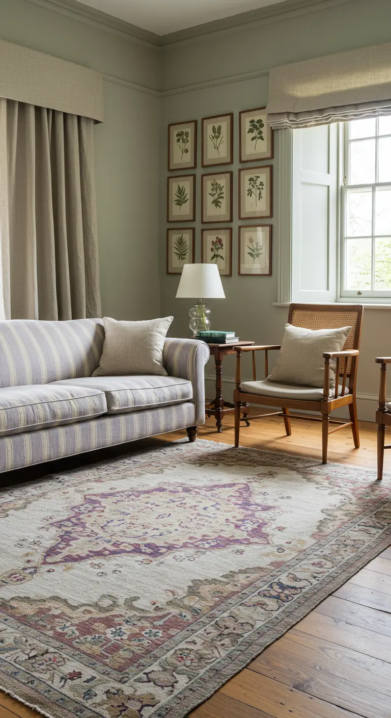 Klassieke woonkamer met gestreepte bank, botanische prints, saliegroene muur, ornamentaal vloerkleed.