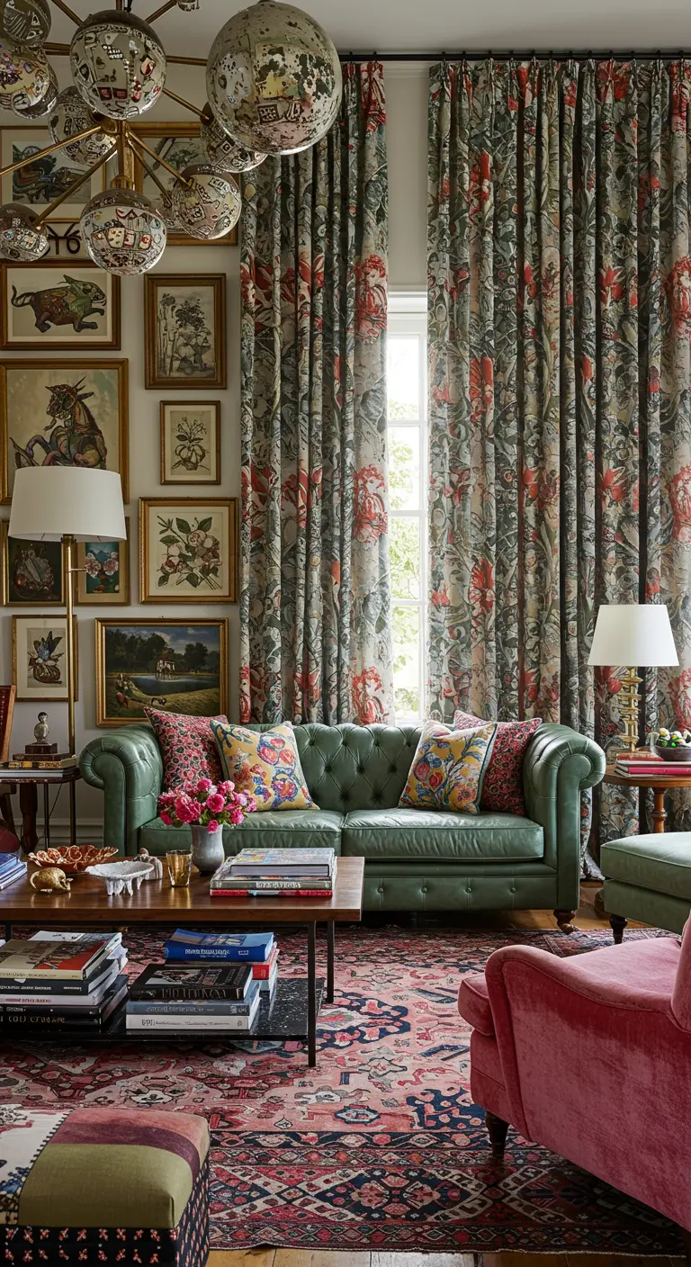Eclectische woonkamer met bloemrijke, botanische gordijnen en een groene bank.