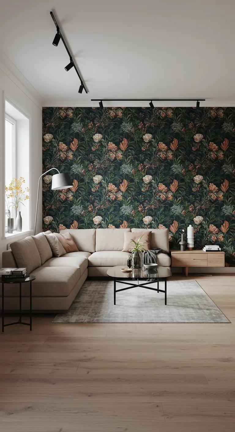 Moderne woonkamer met botanisch behang, lichte hoekbank en houten vloer.