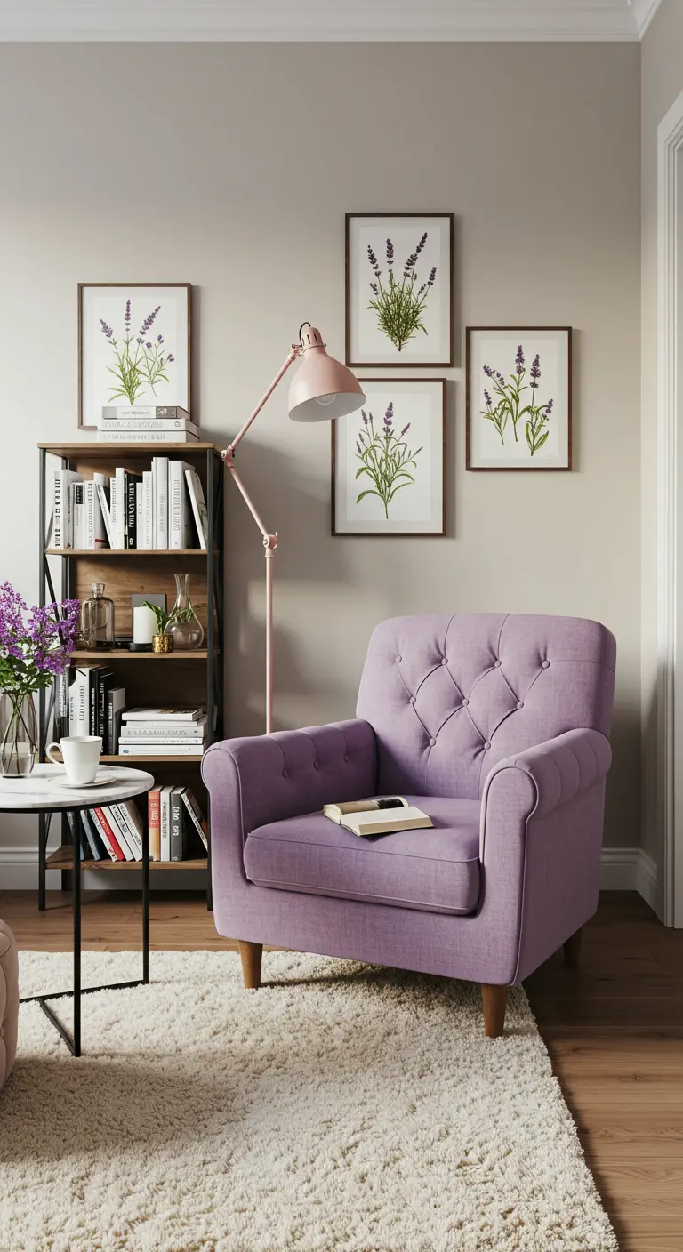 Knusse hoek met lavendel fauteuil, botanische prints van lavendel en houten boekenplank.