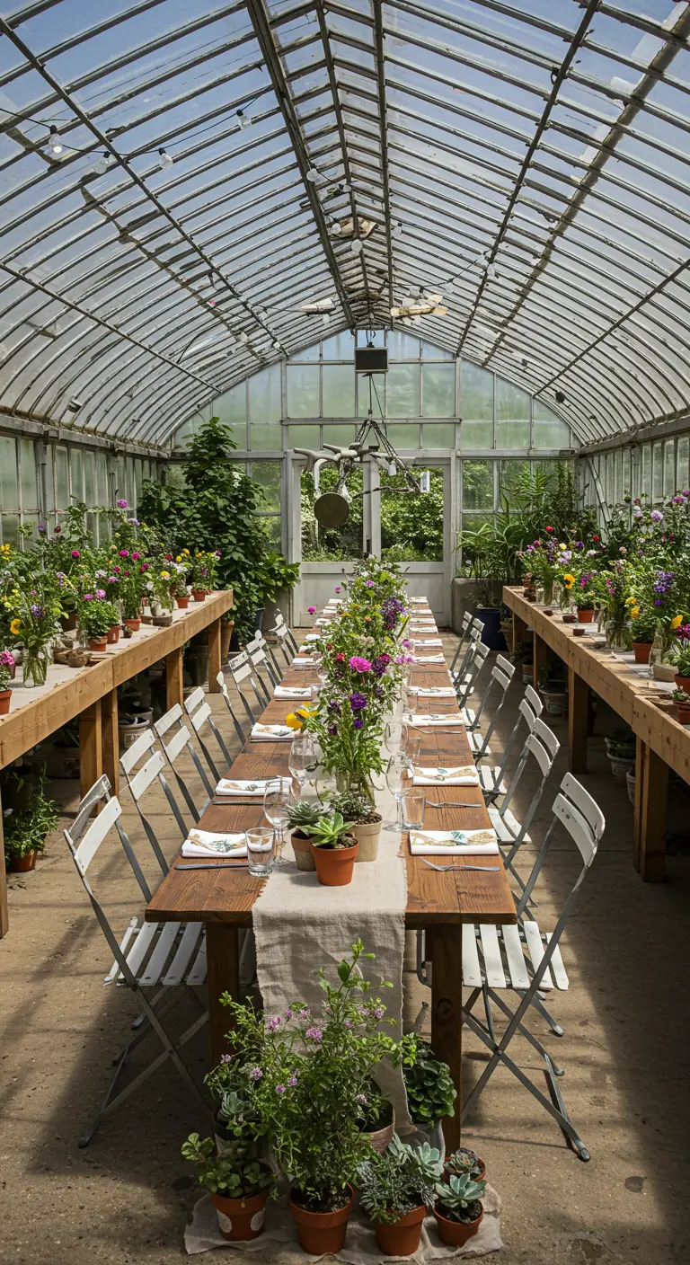 Lange tafel in kas met linnen loper en diverse potplanten en bloemen.