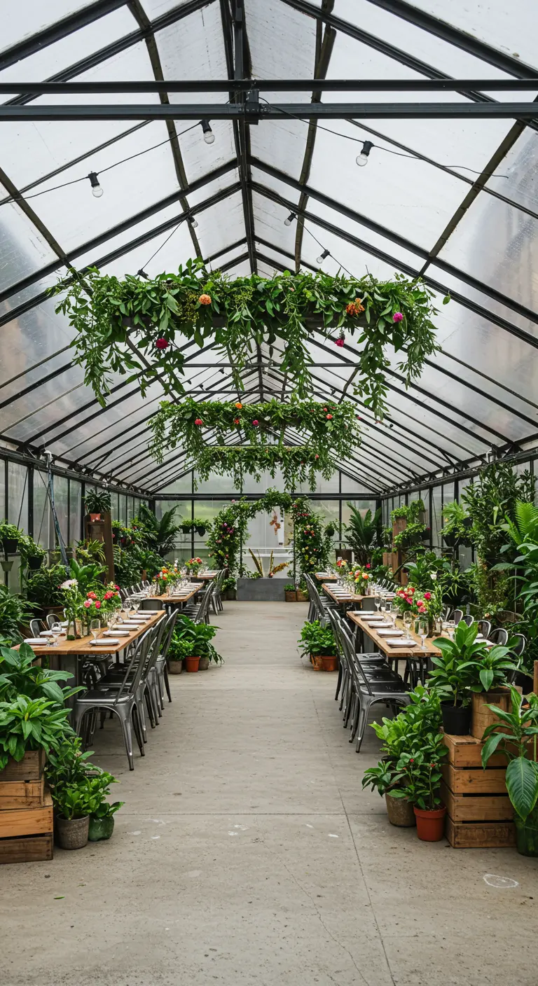 Grote kas ingericht als trouwlocatie met lange tafels en overvloedig groen