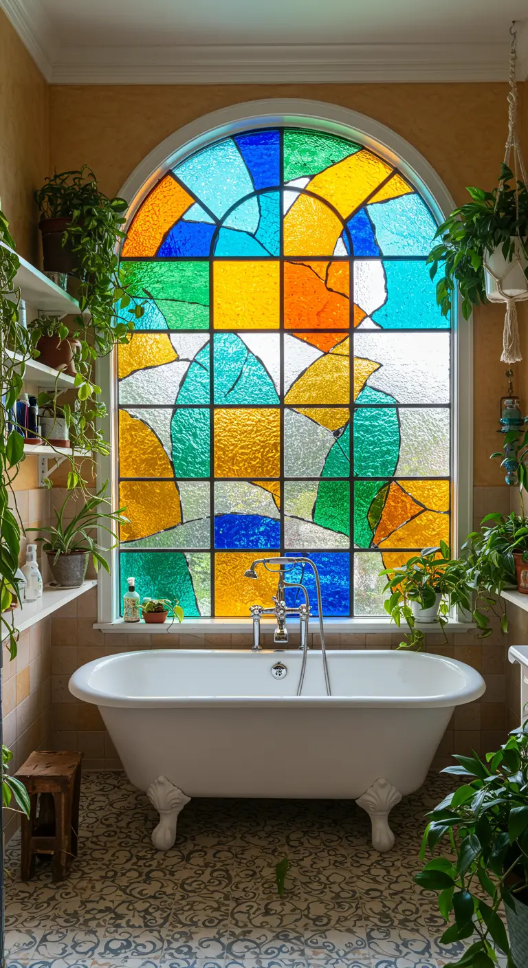 Badkamer met groot, kleurrijk glas-in-lood raam achter vrijstaand bad en veel planten.