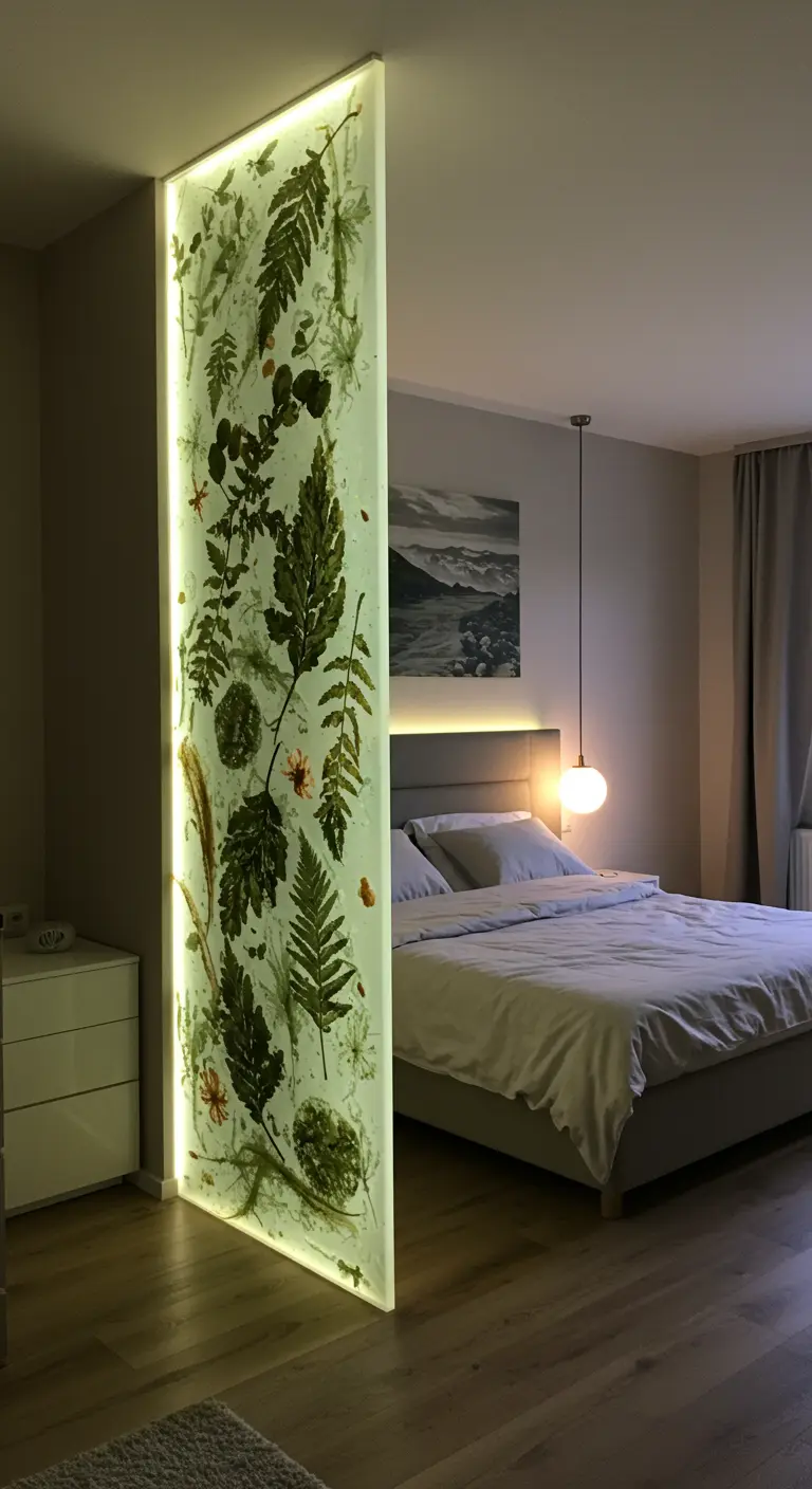 Verlichte roomdivider met ingelegde varens en bladeren, scheidt slaapgedeelte.