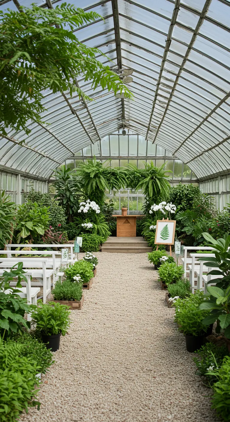 Trouwceremonie in kas met veel groen, witte bankjes en botanische details.