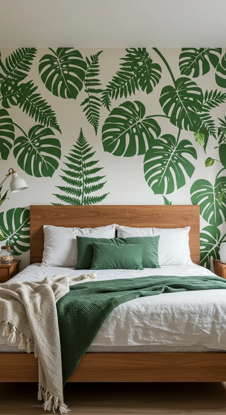 Slaapkamermuur met een print van grote groene monsterabladeren en varens achter een houten bed.
