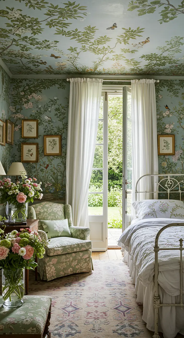 Slaapkamer met botanisch behang op muren en plafond, witte gordijnen en verse bloemen.