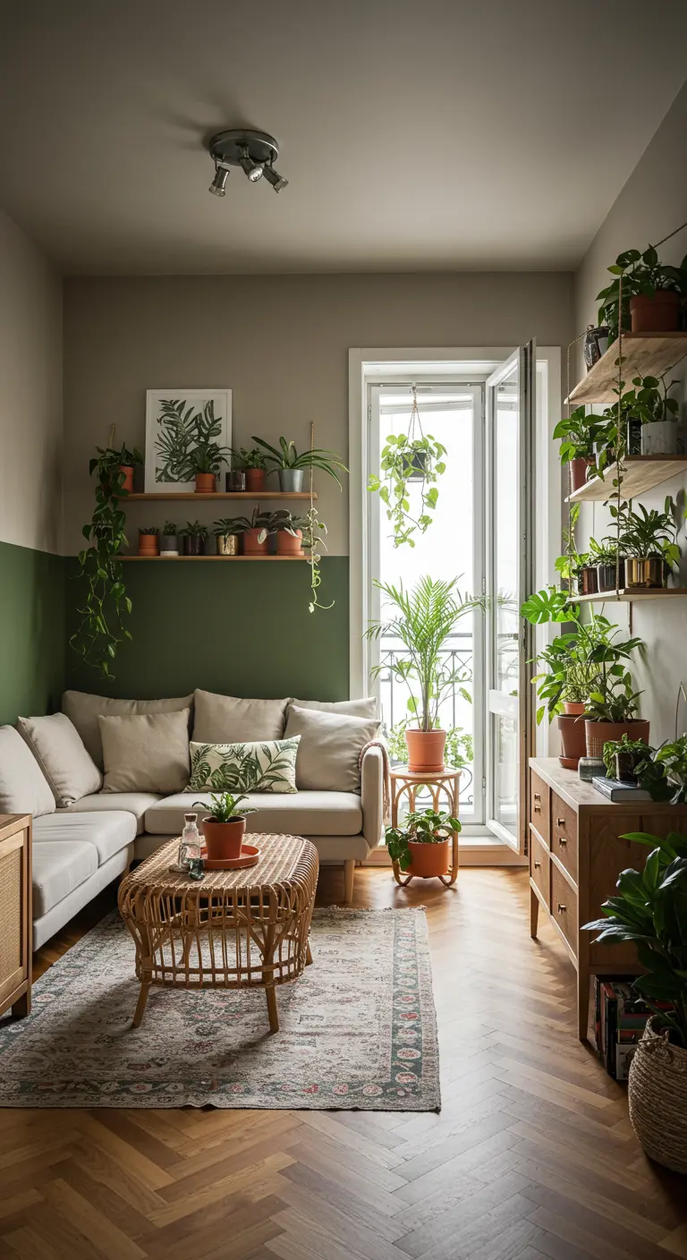 Woonkamer met groene ondermuur, beige bovenmuur en veel hangende en staande planten.
