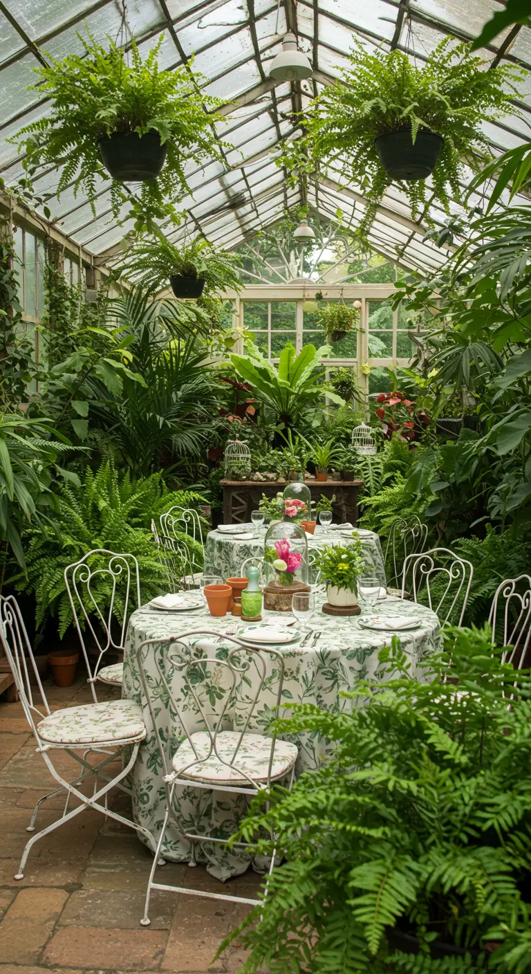 Botanische ontbijtsetting in kas met veel groene planten en bloemenprint tafelkleden.