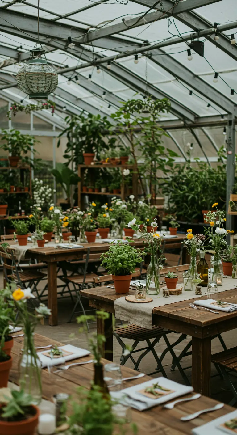 Tafelschikking in een kas vol planten, met houten meubilair en eenvoudige decoraties.