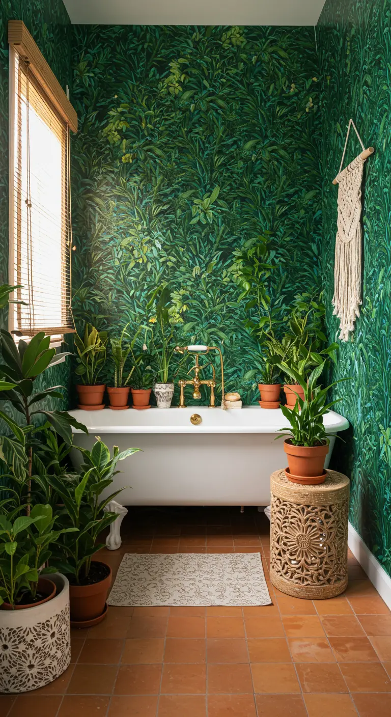 Badkamer met groen botanisch behang, vrijstaand bad en veel kamerplanten.
