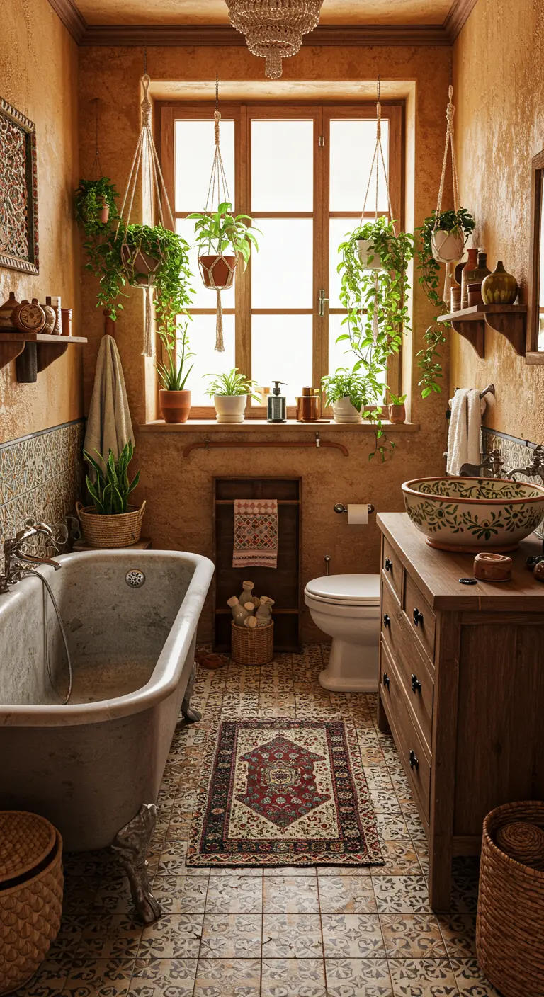 Warme wabi-sabi badkamer met veel planten, gedessineerde tegels en vintage bad.