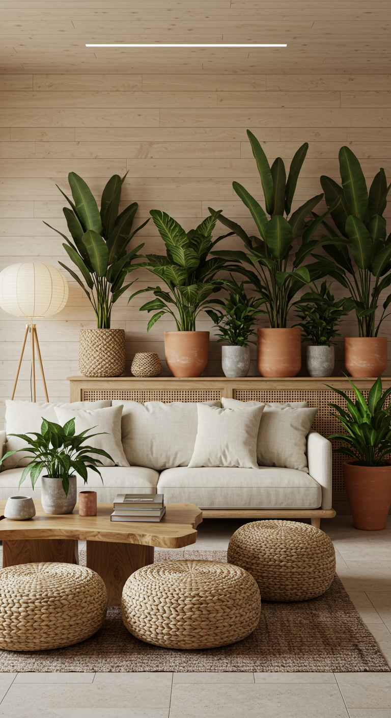 Woonkamer met houten lattenwand en een rij grote planten achter de bank.