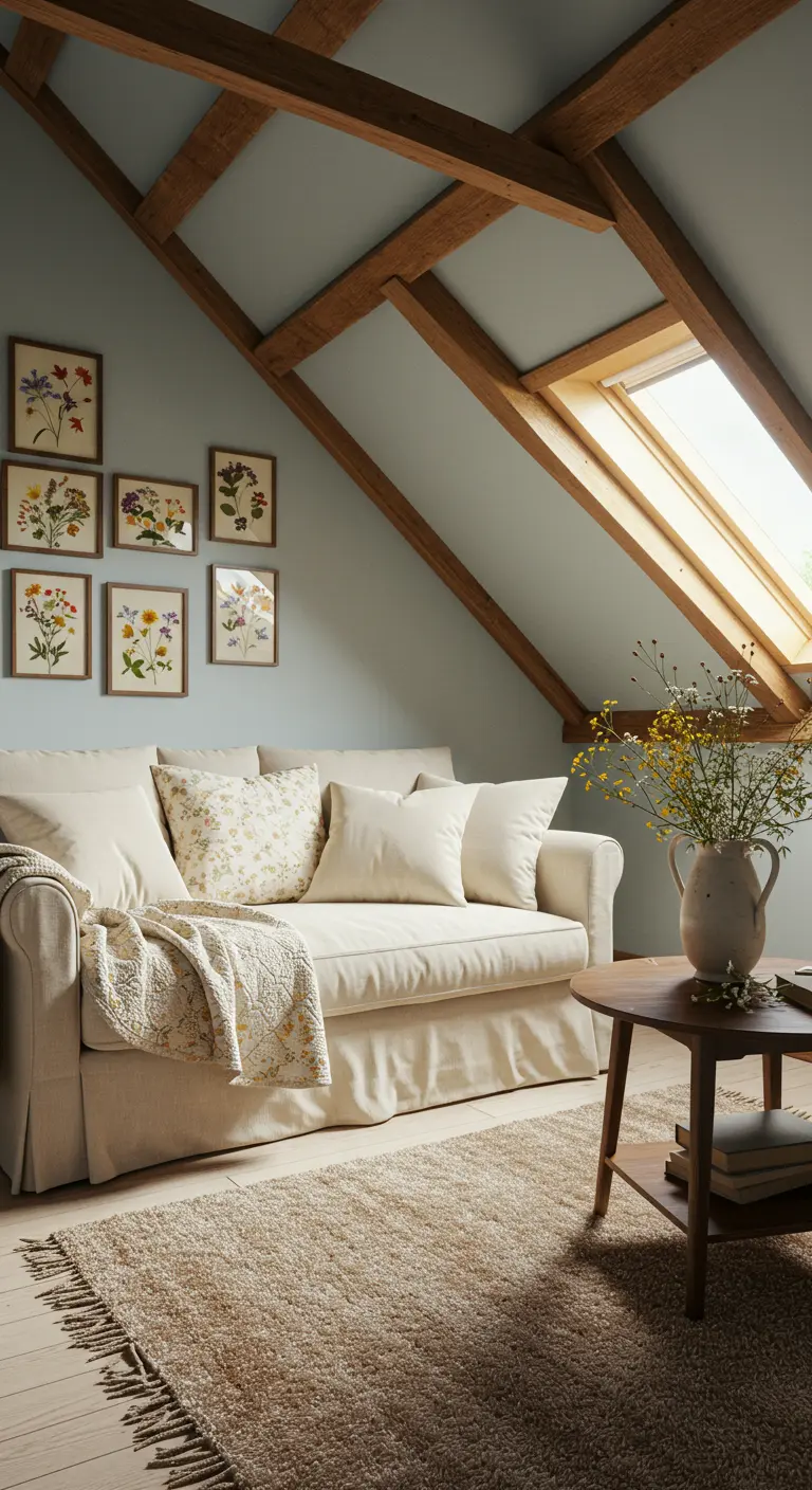 Zolderkamer met lichte bank, schuin dakraam en botanische prints aan de muur.