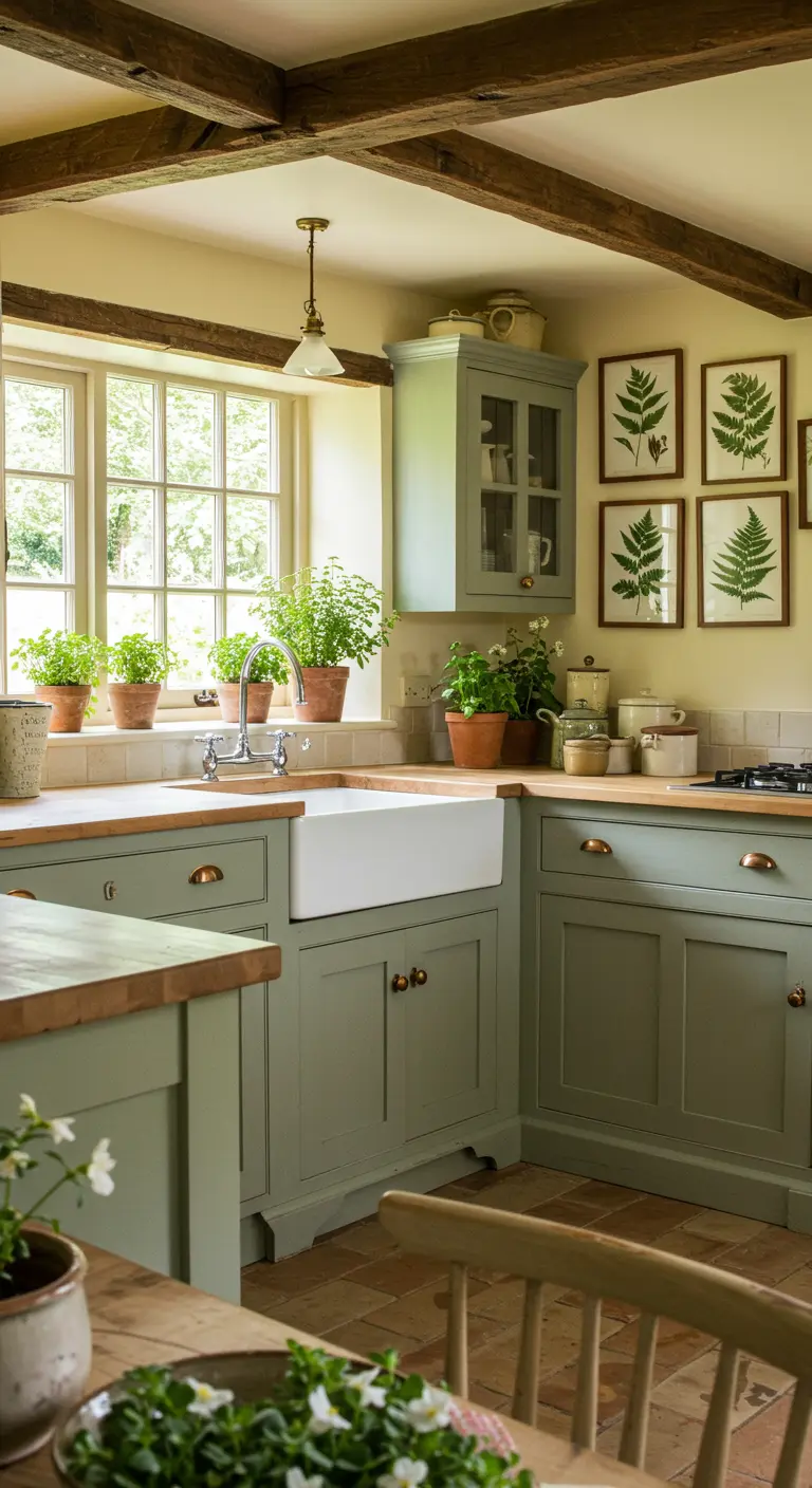 Landelijke saliegroene keuken met botanische prints aan de muur en planten op het aanrecht.