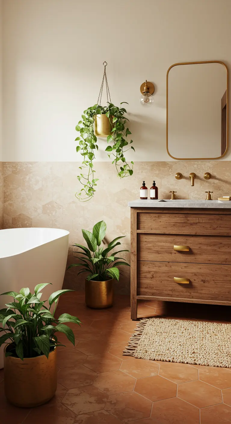 Badkamer met veel planten in gouden potten en houten meubels