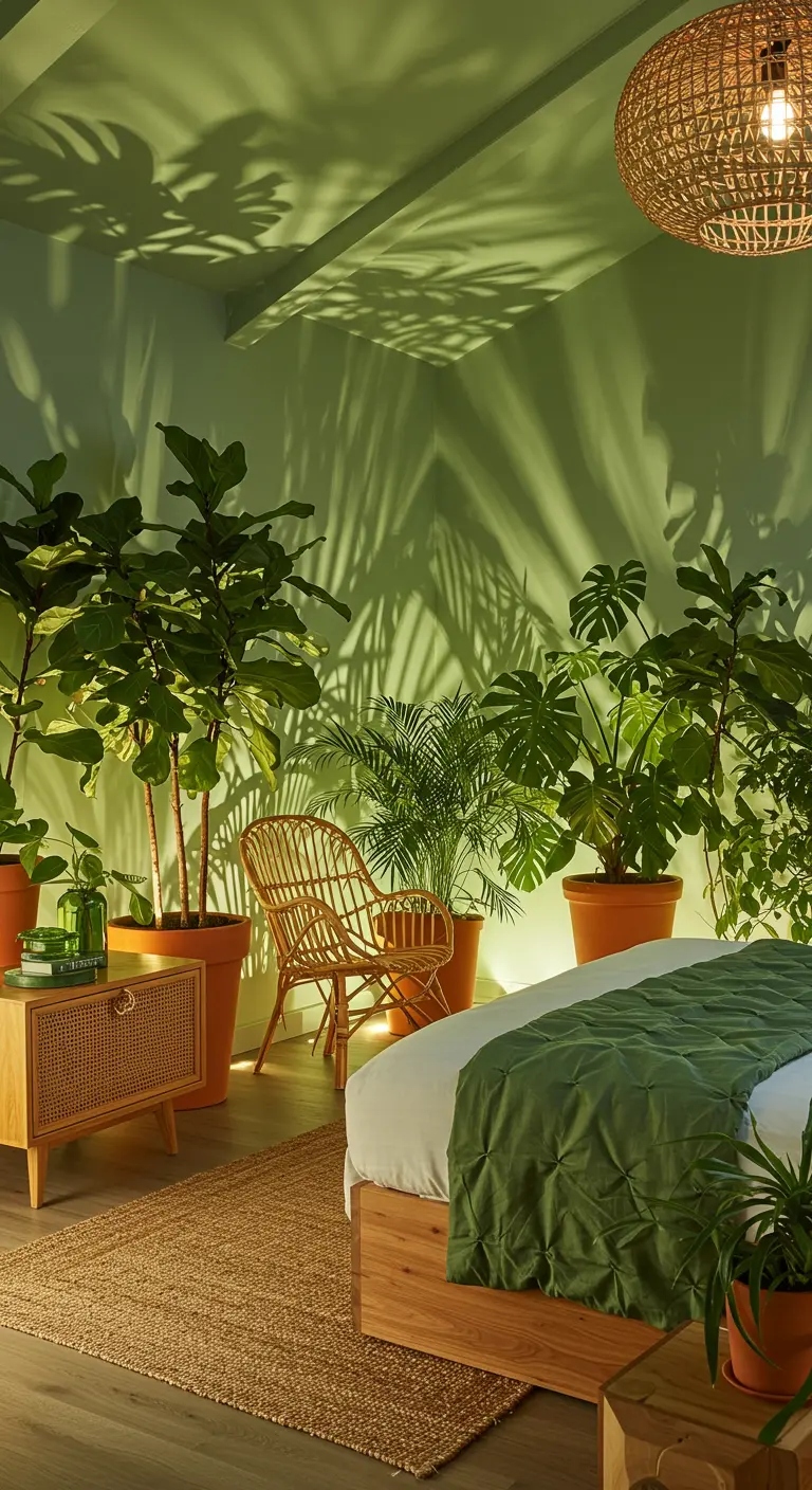 Groene slaapkamer met veel planten die door uplighting interessante bladvormige schaduwen op de muur werpen.