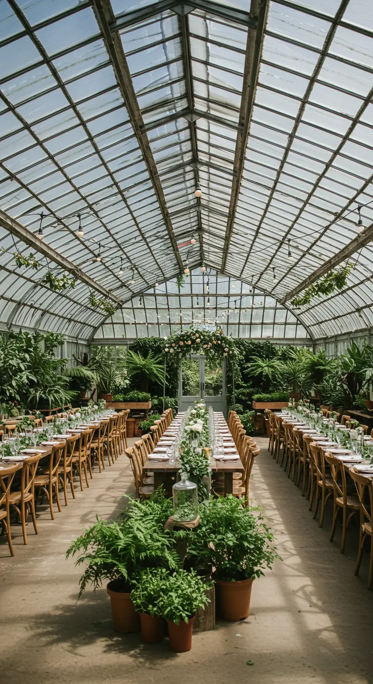 Bruiloft in een kas of serre, versierd met veel groen, planten en lange tafels.