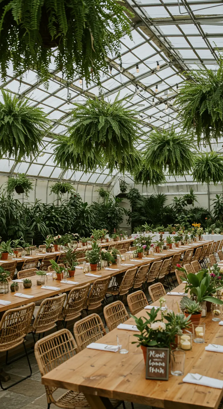 Trouwreceptie in kas met hangplanten en lange houten tafels vol groene potjes.