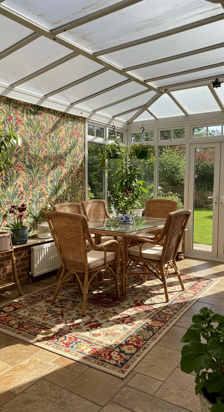Lichte serre eethoek met botanisch wandtapijt, rotan meubels en Perzisch tapijt.