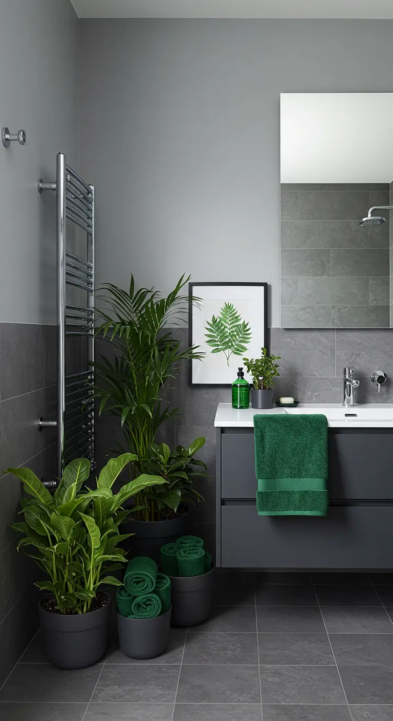Grijze badkamer met donkergrijs meubel, gestyled met veel groene planten en handdoeken.