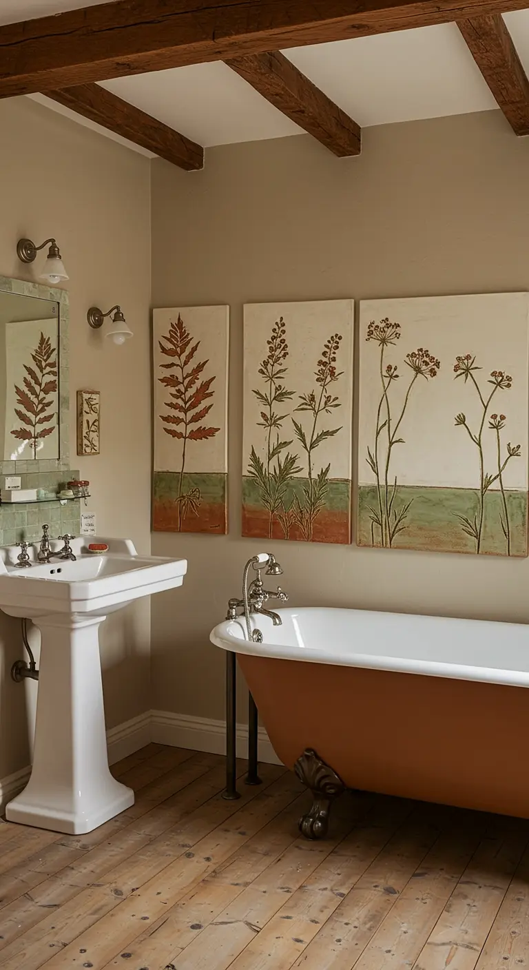 Rustieke badkamer met beige muren, vrijstaand bad en een triptiek van botanische wanddecoraties.