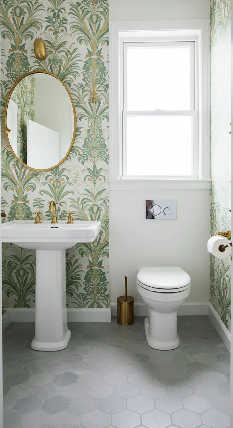 Badkamer met botanisch behang, witte lambrisering, hexagonale vloertegels en gouden kraan.