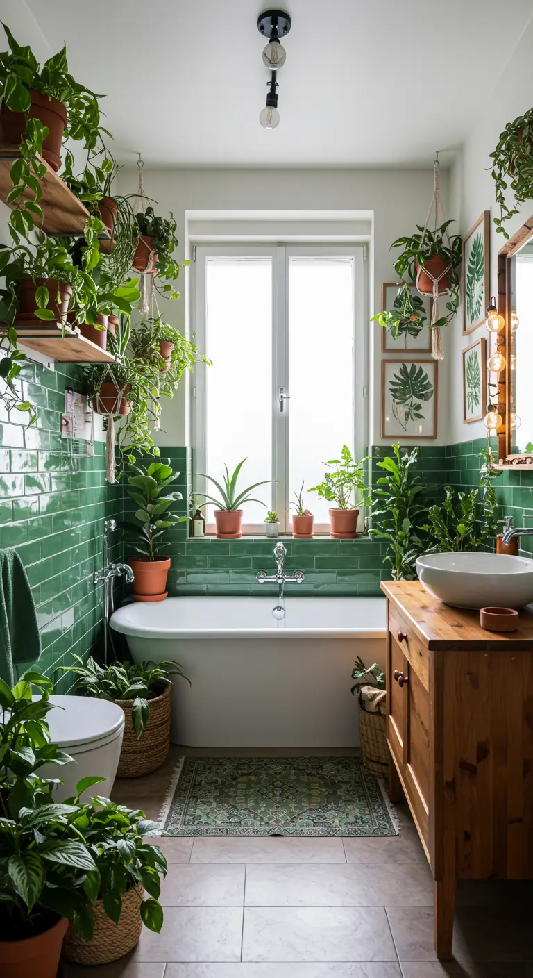 Badkamer vol planten met groene metrotegels, vrijstaand bad en houten wastafelmeubel.