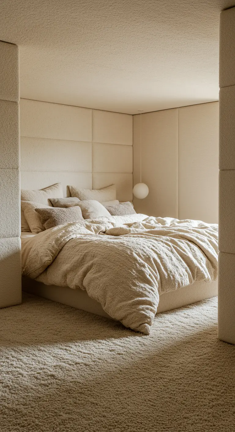 Slaapkamer volledig bekleed met crèmekleurige bouclé stof, inclusief muren en bed.