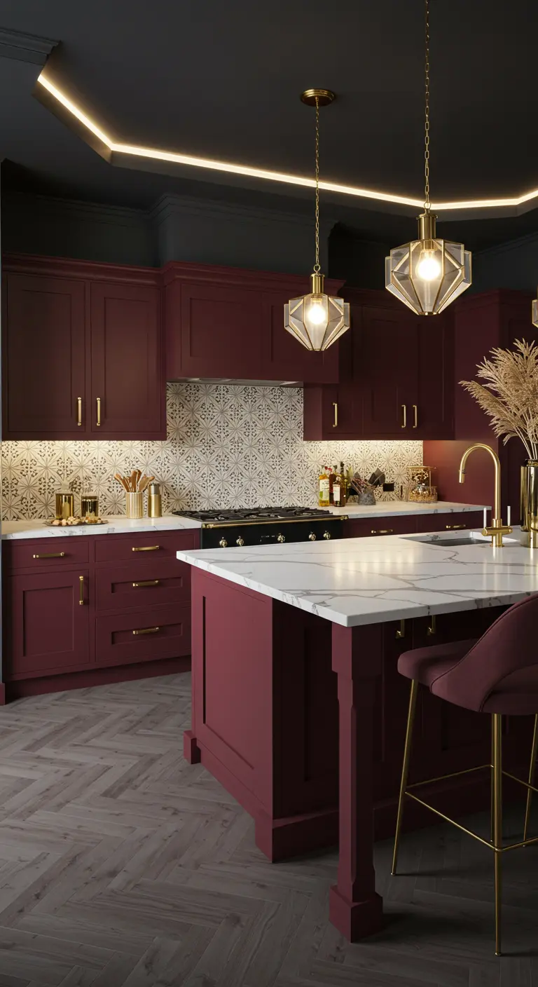 Mat bourgondisch rode keuken met patroontegels en gouden accenten.